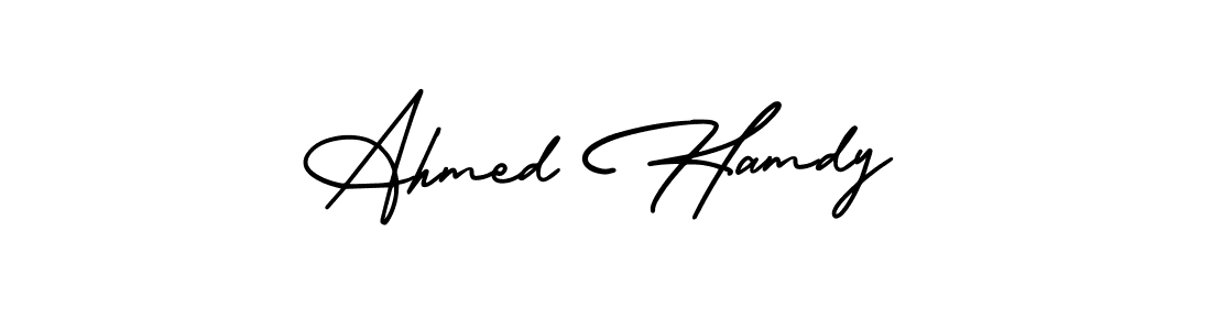 You should practise on your own different ways (AmerikaSignatureDemo-Regular) to write your name (Ahmed Hamdy) in signature. don't let someone else do it for you. Ahmed Hamdy signature style 3 images and pictures png