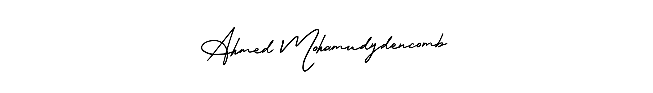 This is the best signature style for the Ahmed Mohamudydencomb name. Also you like these signature font (AmerikaSignatureDemo-Regular). Mix name signature. Ahmed Mohamudydencomb signature style 3 images and pictures png