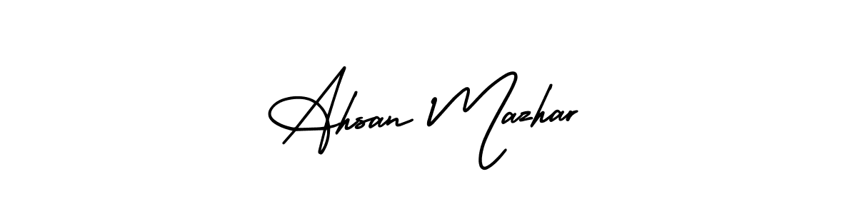 This is the best signature style for the Ahsan Mazhar name. Also you like these signature font (AmerikaSignatureDemo-Regular). Mix name signature. Ahsan Mazhar signature style 3 images and pictures png
