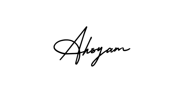 The best way (AmerikaSignatureDemo-Regular) to make a short signature is to pick only two or three words in your name. The name Ahsyam include a total of six letters. For converting this name. Ahsyam signature style 3 images and pictures png