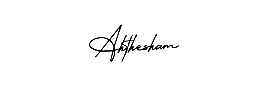 You should practise on your own different ways (AmerikaSignatureDemo-Regular) to write your name (Ahthesham) in signature. don't let someone else do it for you. Ahthesham signature style 3 images and pictures png