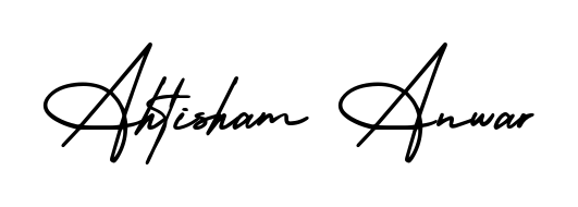 A sleek calligraphic signature for name Ahtisham Anwar utilizing AmerikaSignatureDemo-Regular styling. Great for adding personal signatures to photos and art. Ahtisham Anwar signature style 3 images and pictures png