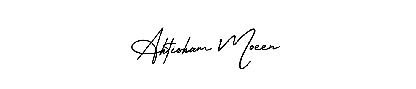 You should practise on your own different ways (AmerikaSignatureDemo-Regular) to write your name (Ahtisham Moeen) in signature. don't let someone else do it for you. Ahtisham Moeen signature style 3 images and pictures png