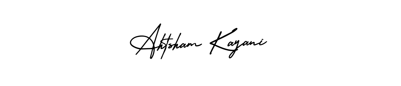 This is the best signature style for the Ahtsham Kayani name. Also you like these signature font (AmerikaSignatureDemo-Regular). Mix name signature. Ahtsham Kayani signature style 3 images and pictures png