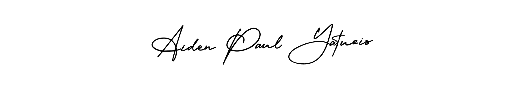 You should practise on your own different ways (AmerikaSignatureDemo-Regular) to write your name (Aiden Paul Yatuzis) in signature. don't let someone else do it for you. Aiden Paul Yatuzis signature style 3 images and pictures png