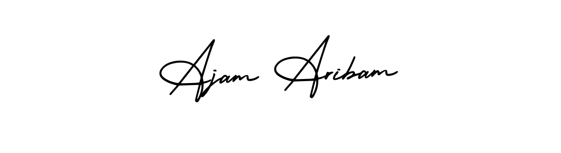 You should practise on your own different ways (AmerikaSignatureDemo-Regular) to write your name (Ajam Aribam) in signature. don't let someone else do it for you. Ajam Aribam signature style 3 images and pictures png