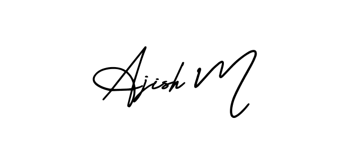 You should practise on your own different ways (AmerikaSignatureDemo-Regular) to write your name (Ajish M) in signature. don't let someone else do it for you. Ajish M signature style 3 images and pictures png