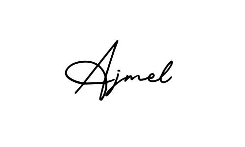 You should practise on your own different ways (AmerikaSignatureDemo-Regular) to write your name (Ajmel) in signature. don't let someone else do it for you. Ajmel signature style 3 images and pictures png