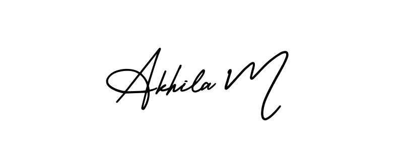 You should practise on your own different ways (AmerikaSignatureDemo-Regular) to write your name (Akhila M) in signature. don't let someone else do it for you. Akhila M signature style 3 images and pictures png