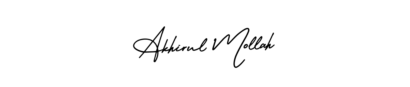 The best way (AmerikaSignatureDemo-Regular) to make a short signature is to pick only two or three words in your name. The name Akhirul Mollah include a total of six letters. For converting this name. Akhirul Mollah signature style 3 images and pictures png