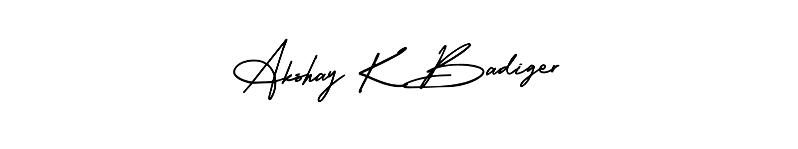 You should practise on your own different ways (AmerikaSignatureDemo-Regular) to write your name (Akshay K Badiger) in signature. don't let someone else do it for you. Akshay K Badiger signature style 3 images and pictures png