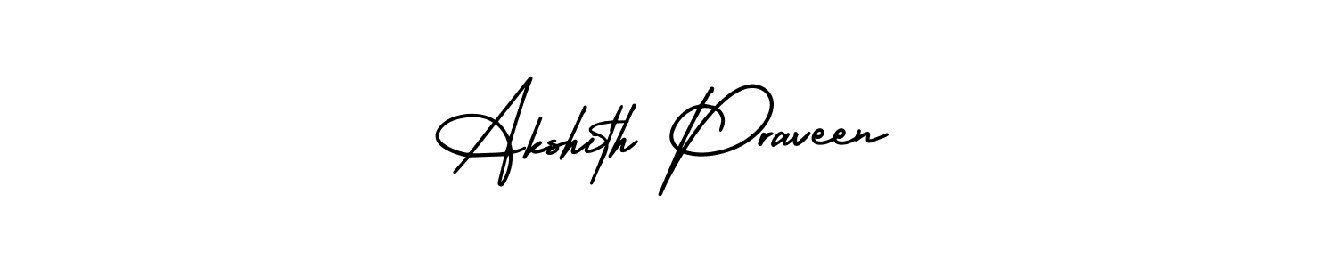 The best way (AmerikaSignatureDemo-Regular) to make a short signature is to pick only two or three words in your name. The name Akshith Praveen include a total of six letters. For converting this name. Akshith Praveen signature style 3 images and pictures png
