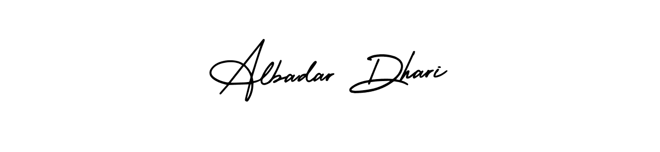 You should practise on your own different ways (AmerikaSignatureDemo-Regular) to write your name (Albadar Dhari) in signature. don't let someone else do it for you. Albadar Dhari signature style 3 images and pictures png