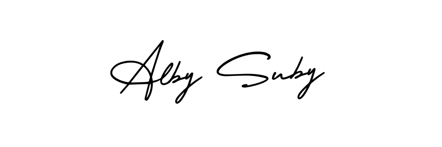 You should practise on your own different ways (AmerikaSignatureDemo-Regular) to write your name (Alby Suby) in signature. don't let someone else do it for you. Alby Suby signature style 3 images and pictures png