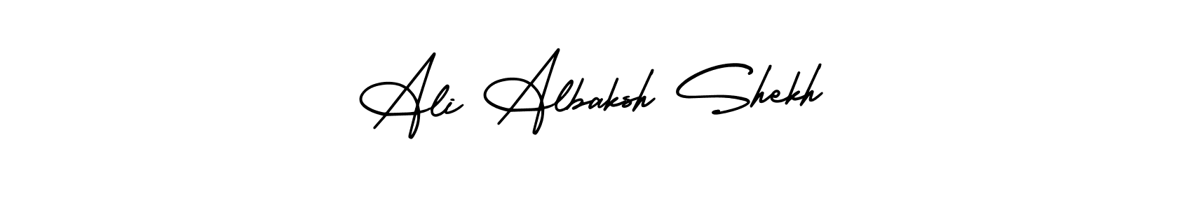 The best way (AmerikaSignatureDemo-Regular) to make a short signature is to pick only two or three words in your name. The name Ali Albaksh Shekh include a total of six letters. For converting this name. Ali Albaksh Shekh signature style 3 images and pictures png