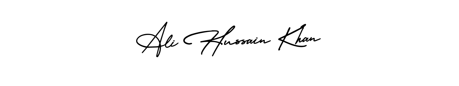 You should practise on your own different ways (AmerikaSignatureDemo-Regular) to write your name (Ali Hussain Khan) in signature. don't let someone else do it for you. Ali Hussain Khan signature style 3 images and pictures png