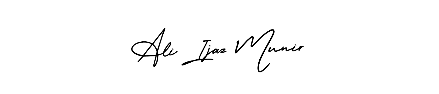 You should practise on your own different ways (AmerikaSignatureDemo-Regular) to write your name (Ali Ijaz Munir) in signature. don't let someone else do it for you. Ali Ijaz Munir signature style 3 images and pictures png