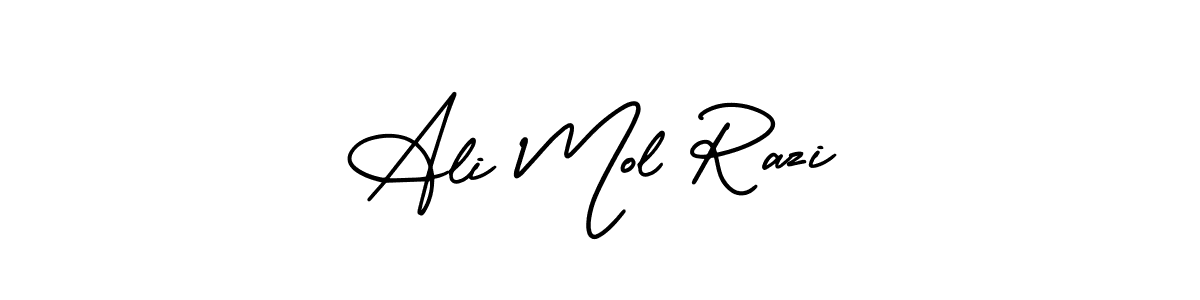 You should practise on your own different ways (AmerikaSignatureDemo-Regular) to write your name (Ali Mol Razi) in signature. don't let someone else do it for you. Ali Mol Razi signature style 3 images and pictures png