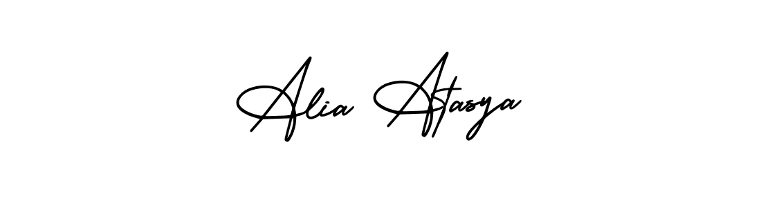 You should practise on your own different ways (AmerikaSignatureDemo-Regular) to write your name (Alia Atasya) in signature. don't let someone else do it for you. Alia Atasya signature style 3 images and pictures png