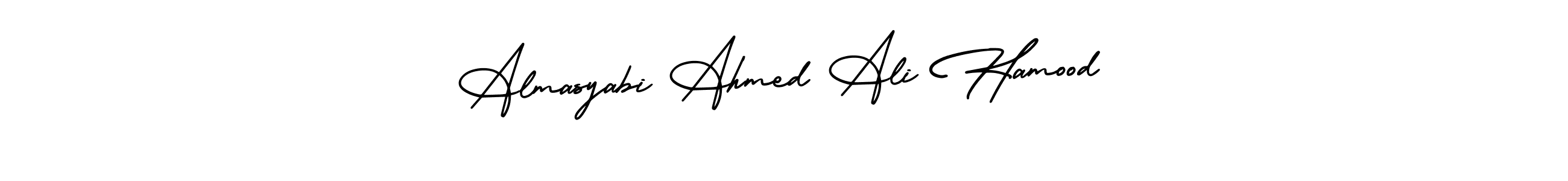 You should practise on your own different ways (AmerikaSignatureDemo-Regular) to write your name (Almasyabi Ahmed Ali Hamood) in signature. don't let someone else do it for you. Almasyabi Ahmed Ali Hamood signature style 3 images and pictures png