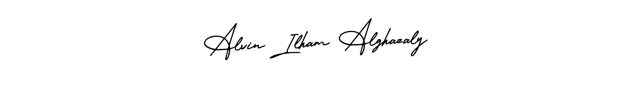 You should practise on your own different ways (AmerikaSignatureDemo-Regular) to write your name (Alvin Ilham Alghazaly) in signature. don't let someone else do it for you. Alvin Ilham Alghazaly signature style 3 images and pictures png