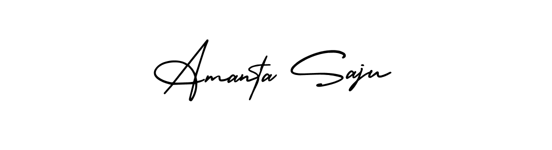 You should practise on your own different ways (AmerikaSignatureDemo-Regular) to write your name (Amanta Saju) in signature. don't let someone else do it for you. Amanta Saju signature style 3 images and pictures png