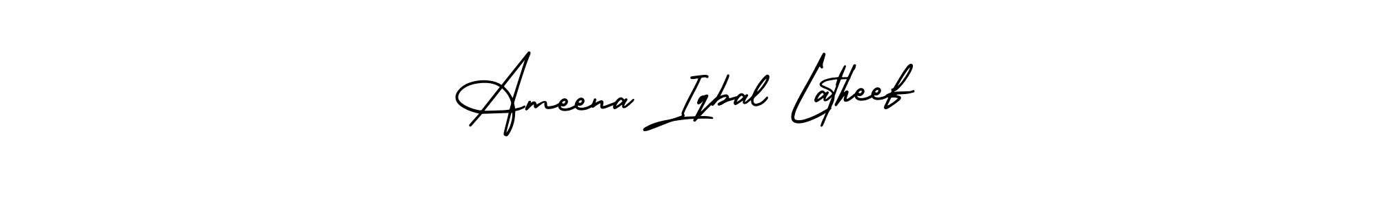 You should practise on your own different ways (AmerikaSignatureDemo-Regular) to write your name (Ameena Iqbal Latheef) in signature. don't let someone else do it for you. Ameena Iqbal Latheef signature style 3 images and pictures png
