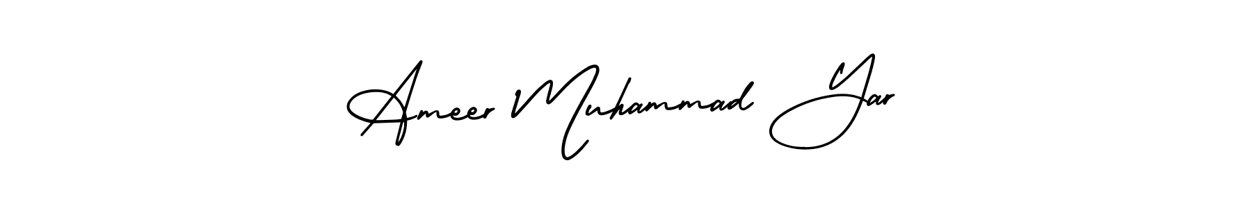 You should practise on your own different ways (AmerikaSignatureDemo-Regular) to write your name (Ameer Muhammad Yar) in signature. don't let someone else do it for you. Ameer Muhammad Yar signature style 3 images and pictures png