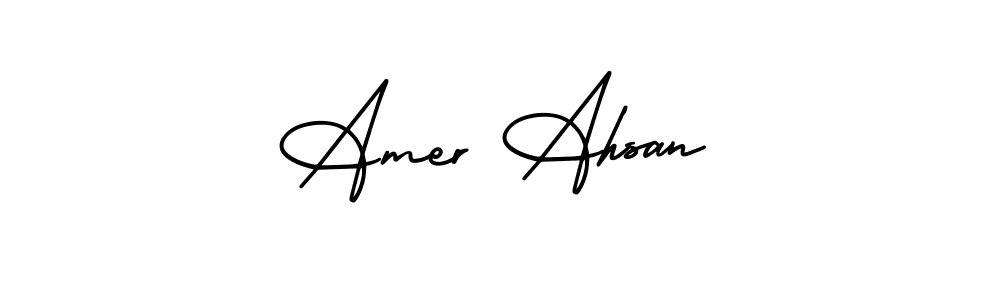 You should practise on your own different ways (AmerikaSignatureDemo-Regular) to write your name (Amer Ahsan) in signature. don't let someone else do it for you. Amer Ahsan signature style 3 images and pictures png