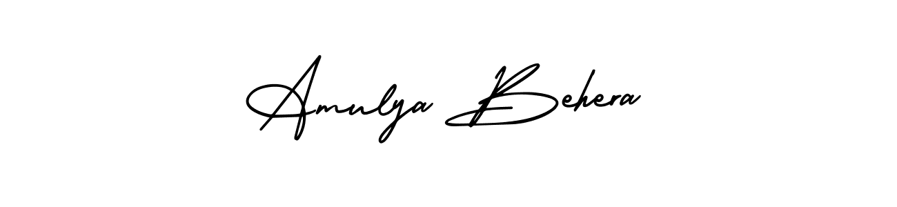 You should practise on your own different ways (AmerikaSignatureDemo-Regular) to write your name (Amulya Behera) in signature. don't let someone else do it for you. Amulya Behera signature style 3 images and pictures png