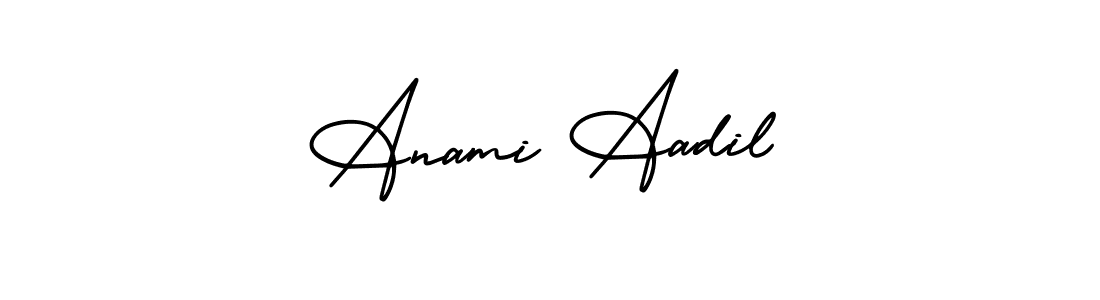 You should practise on your own different ways (AmerikaSignatureDemo-Regular) to write your name (Anami Aadil) in signature. don't let someone else do it for you. Anami Aadil signature style 3 images and pictures png