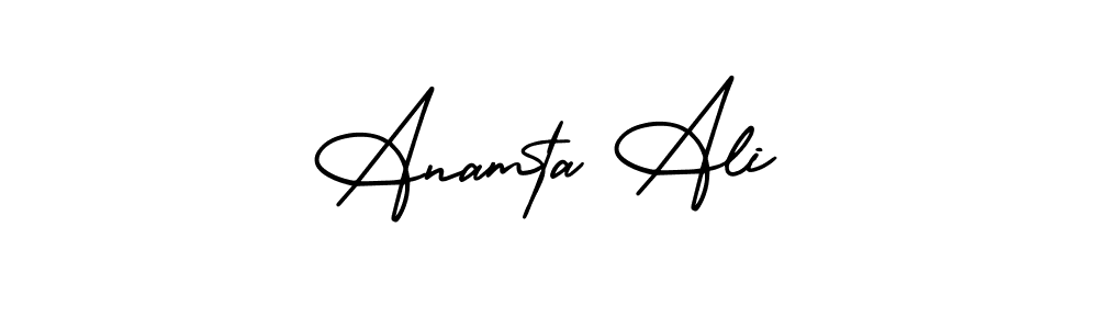 You should practise on your own different ways (AmerikaSignatureDemo-Regular) to write your name (Anamta Ali) in signature. don't let someone else do it for you. Anamta Ali signature style 3 images and pictures png