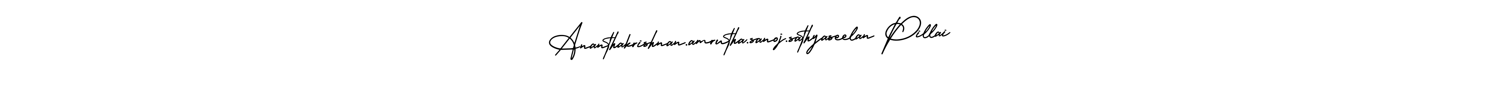 The best way (AmerikaSignatureDemo-Regular) to make a short signature is to pick only two or three words in your name. The name Ananthakrishnan.amrutha.sanoj.sathyaseelan Pillai include a total of six letters. For converting this name. Ananthakrishnan.amrutha.sanoj.sathyaseelan Pillai signature style 3 images and pictures png