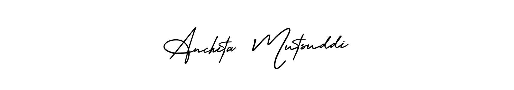 You should practise on your own different ways (AmerikaSignatureDemo-Regular) to write your name (Anchita  Mutsuddi) in signature. don't let someone else do it for you. Anchita  Mutsuddi signature style 3 images and pictures png