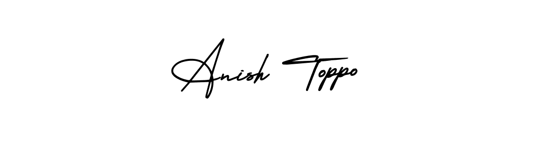 You should practise on your own different ways (AmerikaSignatureDemo-Regular) to write your name (Anish Toppo) in signature. don't let someone else do it for you. Anish Toppo signature style 3 images and pictures png