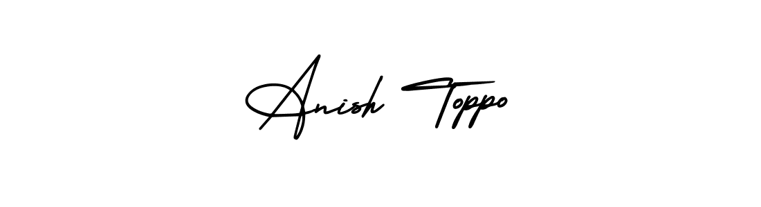 You should practise on your own different ways (AmerikaSignatureDemo-Regular) to write your name (Anish Toppo) in signature. don't let someone else do it for you. Anish Toppo signature style 3 images and pictures png