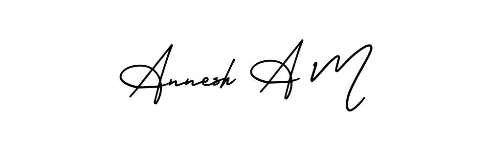 You should practise on your own different ways (AmerikaSignatureDemo-Regular) to write your name (Annesh A M) in signature. don't let someone else do it for you. Annesh A M signature style 3 images and pictures png