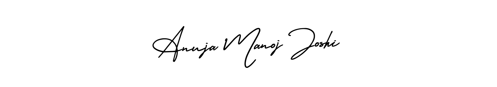 You should practise on your own different ways (AmerikaSignatureDemo-Regular) to write your name (Anuja Manoj Joshi) in signature. don't let someone else do it for you. Anuja Manoj Joshi signature style 3 images and pictures png