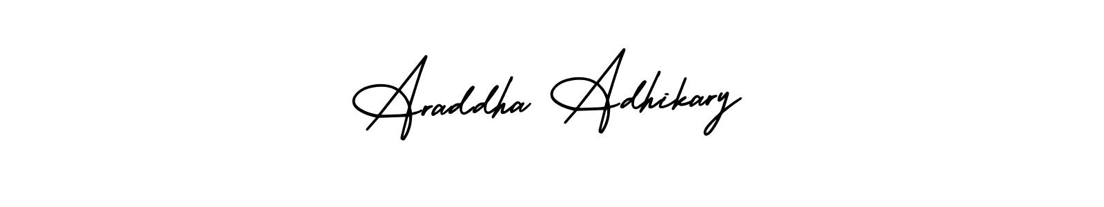 The best way (AmerikaSignatureDemo-Regular) to make a short signature is to pick only two or three words in your name. The name Araddha Adhikary include a total of six letters. For converting this name. Araddha Adhikary signature style 3 images and pictures png