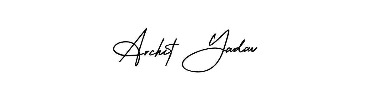 You should practise on your own different ways (AmerikaSignatureDemo-Regular) to write your name (Archit Yadav) in signature. don't let someone else do it for you. Archit Yadav signature style 3 images and pictures png