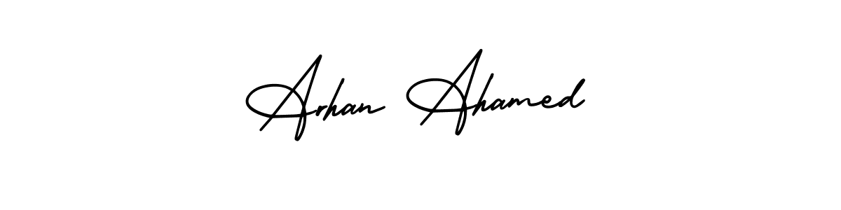 You should practise on your own different ways (AmerikaSignatureDemo-Regular) to write your name (Arhan Ahamed) in signature. don't let someone else do it for you. Arhan Ahamed signature style 3 images and pictures png