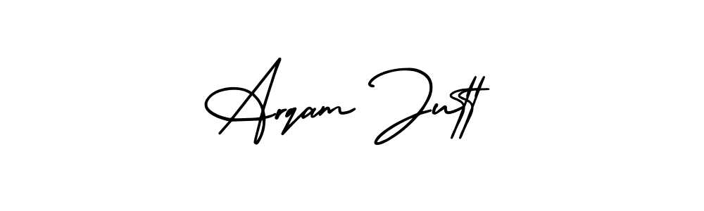 You should practise on your own different ways (AmerikaSignatureDemo-Regular) to write your name (Arqam Jutt) in signature. don't let someone else do it for you. Arqam Jutt signature style 3 images and pictures png