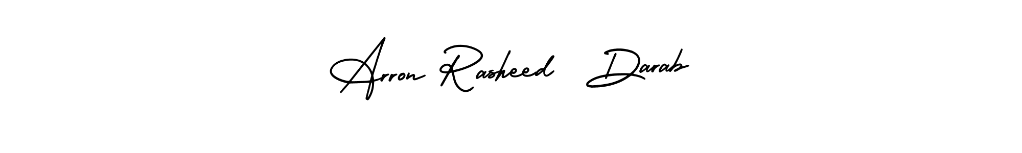 You should practise on your own different ways (AmerikaSignatureDemo-Regular) to write your name (Arron Rasheed  Darab) in signature. don't let someone else do it for you. Arron Rasheed  Darab signature style 3 images and pictures png