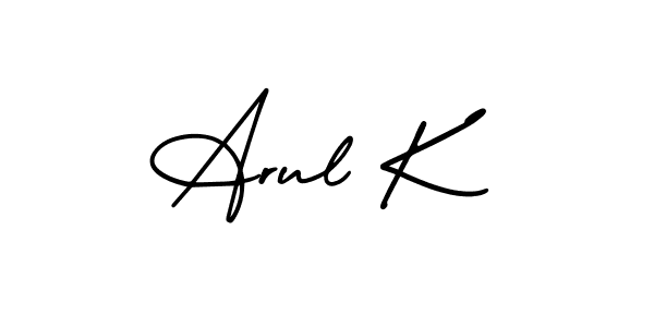 This is the best signature style for the Arul K name. Also you like these signature font (AmerikaSignatureDemo-Regular). Mix name signature. Arul K signature style 3 images and pictures png