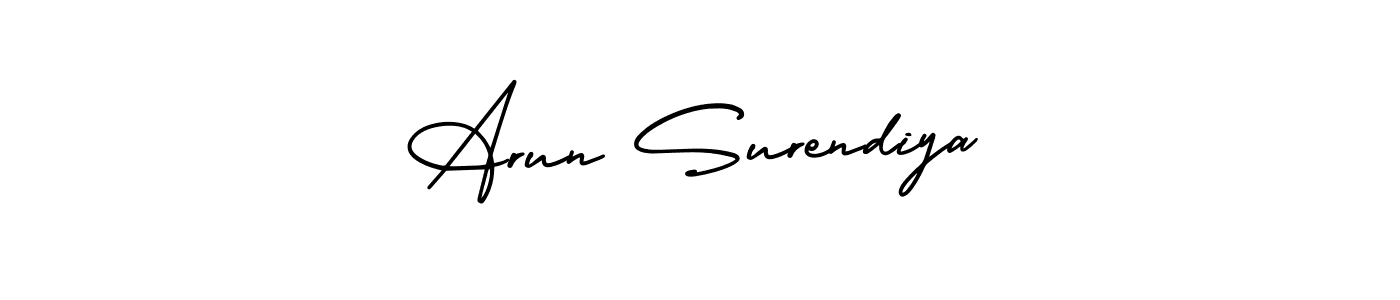 This is the best signature style for the Arun Surendiya name. Also you like these signature font (AmerikaSignatureDemo-Regular). Mix name signature. Arun Surendiya signature style 3 images and pictures png