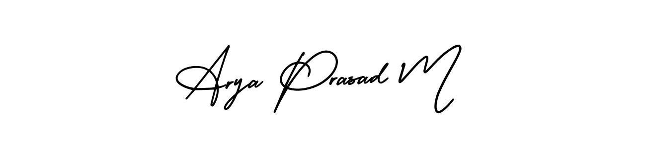 You should practise on your own different ways (AmerikaSignatureDemo-Regular) to write your name (Arya Prasad M) in signature. don't let someone else do it for you. Arya Prasad M signature style 3 images and pictures png