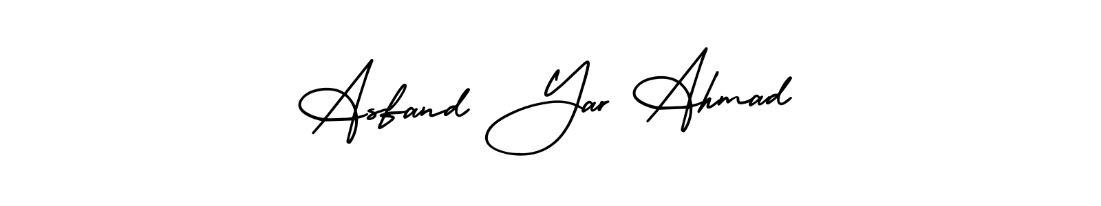 The best way (AmerikaSignatureDemo-Regular) to make a short signature is to pick only two or three words in your name. The name Asfand Yar Ahmad include a total of six letters. For converting this name. Asfand Yar Ahmad signature style 3 images and pictures png