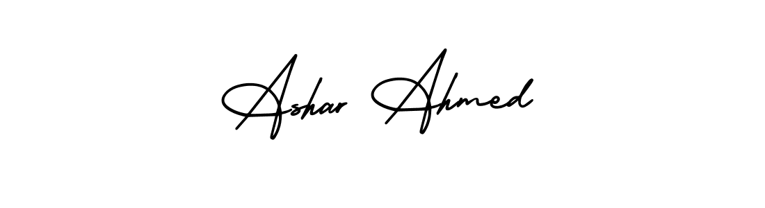 The best way (AmerikaSignatureDemo-Regular) to make a short signature is to pick only two or three words in your name. The name Ashar Ahmed include a total of six letters. For converting this name. Ashar Ahmed signature style 3 images and pictures png