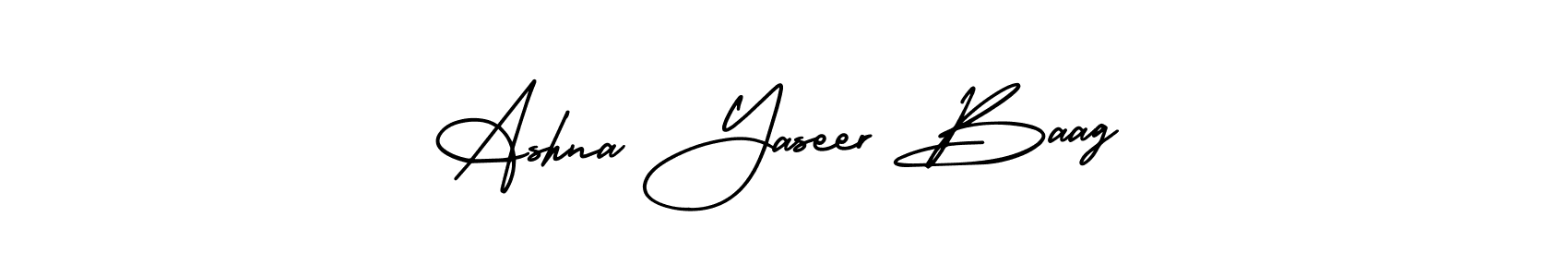 You should practise on your own different ways (AmerikaSignatureDemo-Regular) to write your name (Ashna Yaseer Baag) in signature. don't let someone else do it for you. Ashna Yaseer Baag signature style 3 images and pictures png