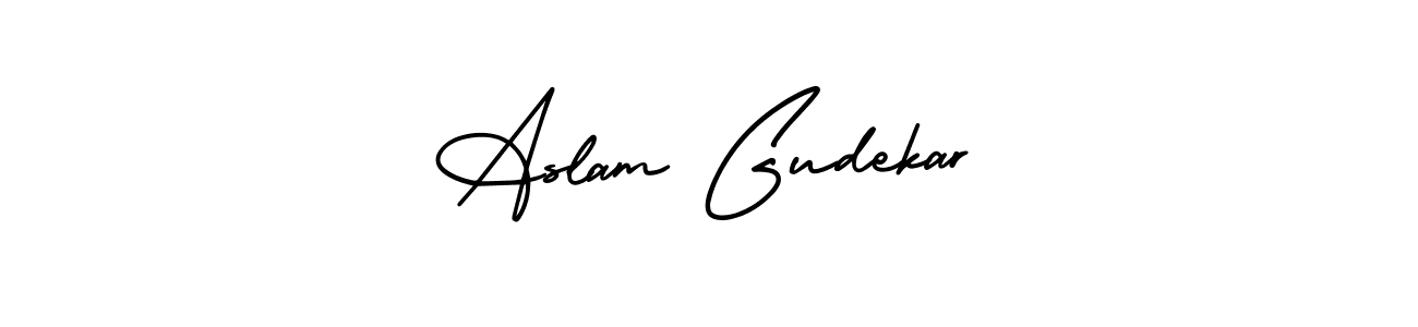 You should practise on your own different ways (AmerikaSignatureDemo-Regular) to write your name (Aslam Gudekar) in signature. don't let someone else do it for you. Aslam Gudekar signature style 3 images and pictures png